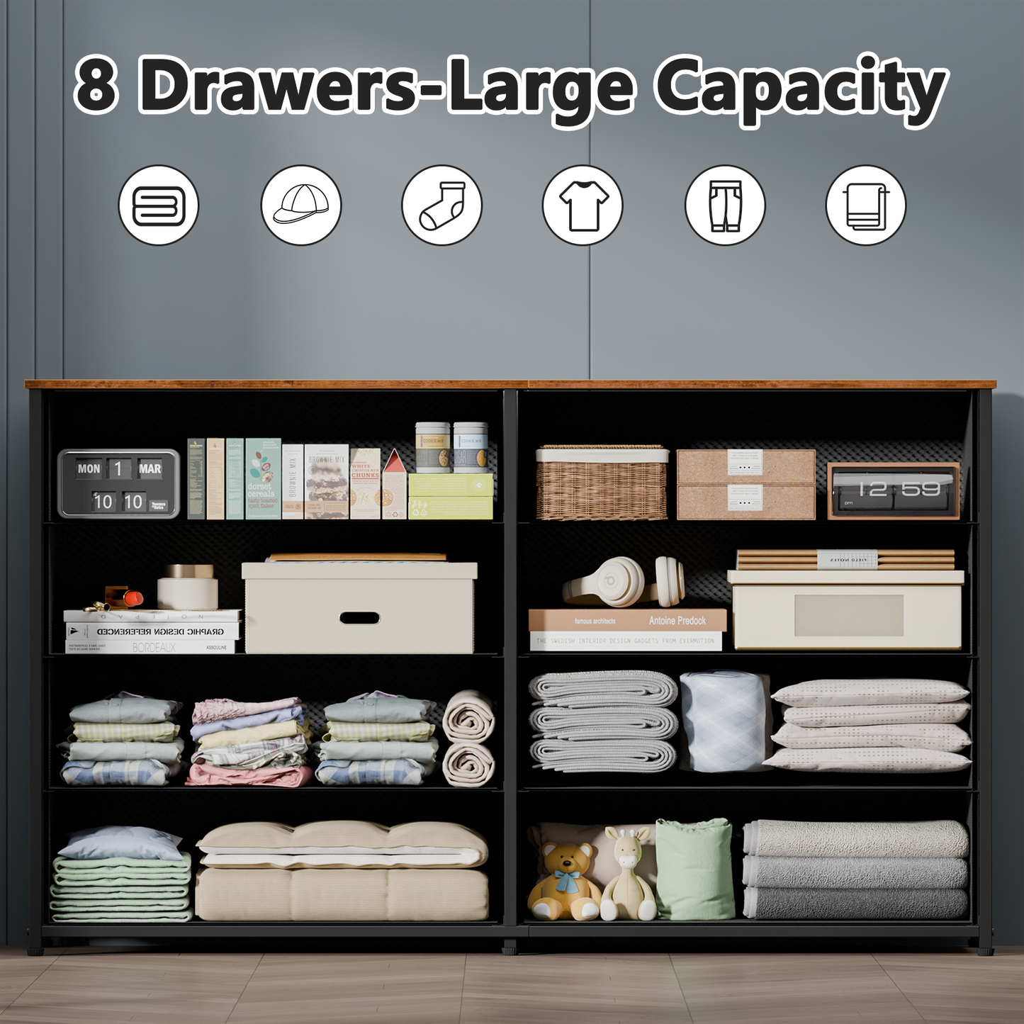 Tydimor 8 Fabric Drawers Dressers for Bedroom Wide Dresser TV Stand for 55" TVs, Chest of Drawers, Rustic Brown