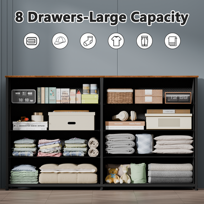 Tydimor 8 Fabric Drawers Dressers for Bedroom Wide Dresser TV Stand for 55" TVs, Chest of Drawers, Rustic Brown