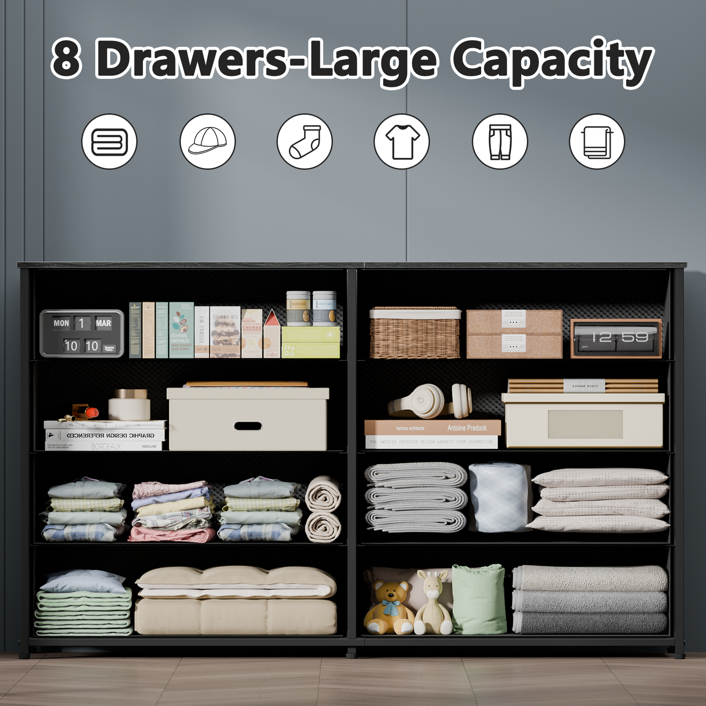 Tydimor Black 8 Fabric Drawers Dressers for Bedroom Wide Dresser TV Stand for 55" TVs, Chest of Drawers