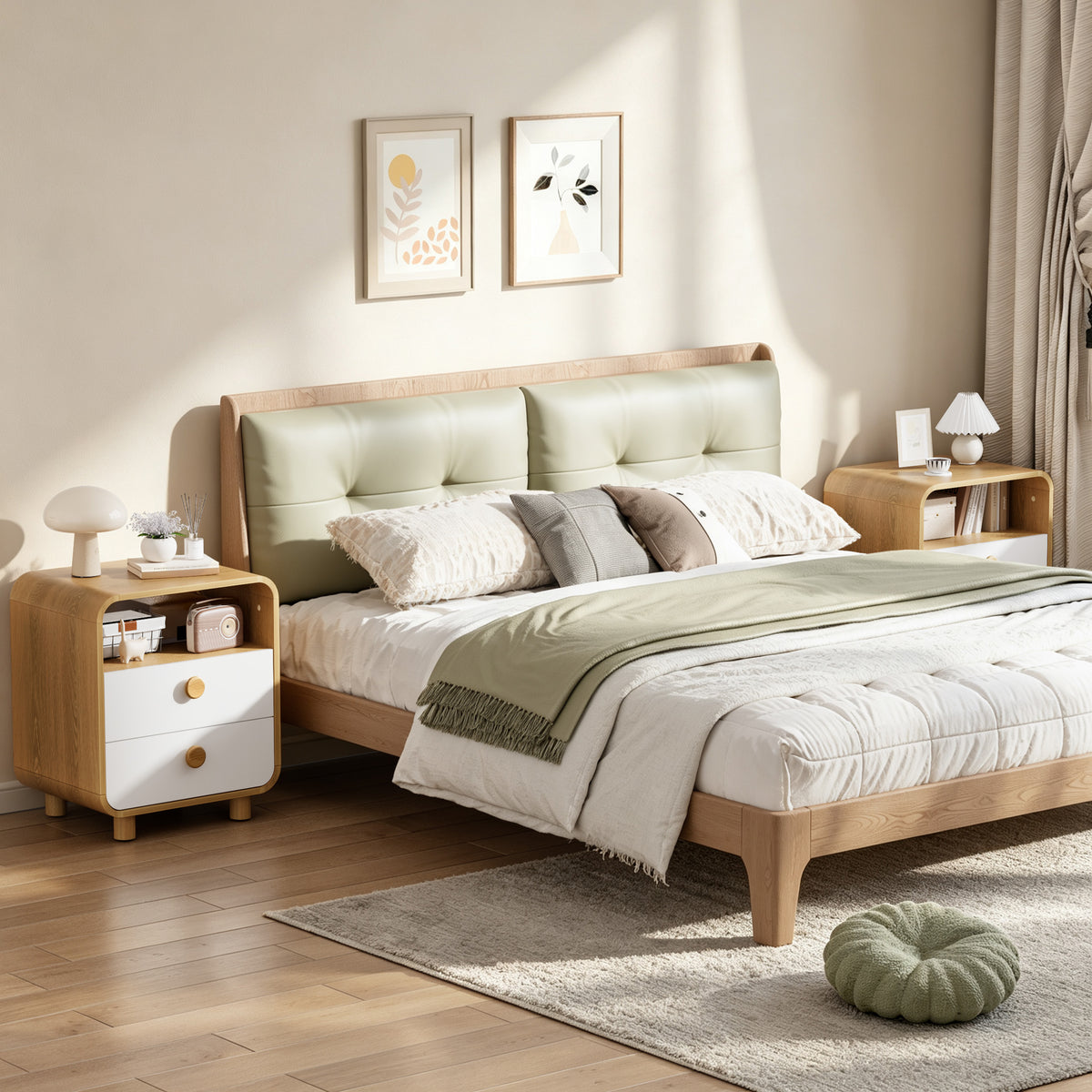 Satifur 2-Drawer Nightstand, White Bedside Table with Open Shelf & Wood Frame, Compact Storage for Bedroom, Living Room