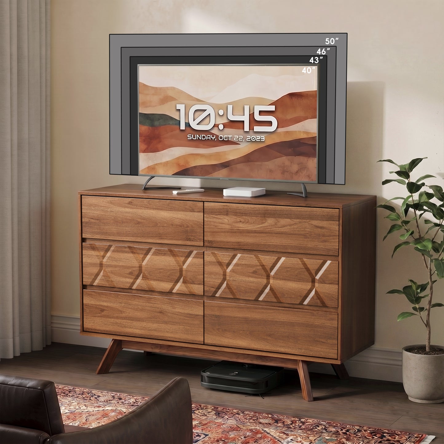 Tydimor 6 Drawer Wooden Geometric Dresser, 47" Wide Mid Century Textured Chest of Drawers, Bedroom Storage Cabinet & TV Stand, Walnut