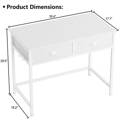 Satifur White Writing Desk with Drawers & Hooks, 34" Computer Desk with 2 Fabric Drawers