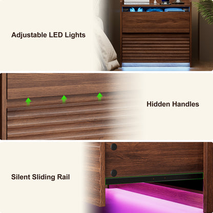Satifur Nightstand with Charging Station & LED Lights, Smart Wooden Bedside Table with 2 Drawers, Fluted End Table, Walnut, Set of 2