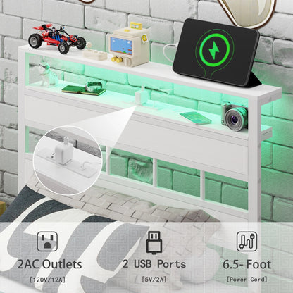 Satifur Twin Bed Frames with Charging Station and LED Lights, Twin Size Platform Bed with Wood Headboard & 2-Tier Storage Shelves, No Box Spring Needed, White