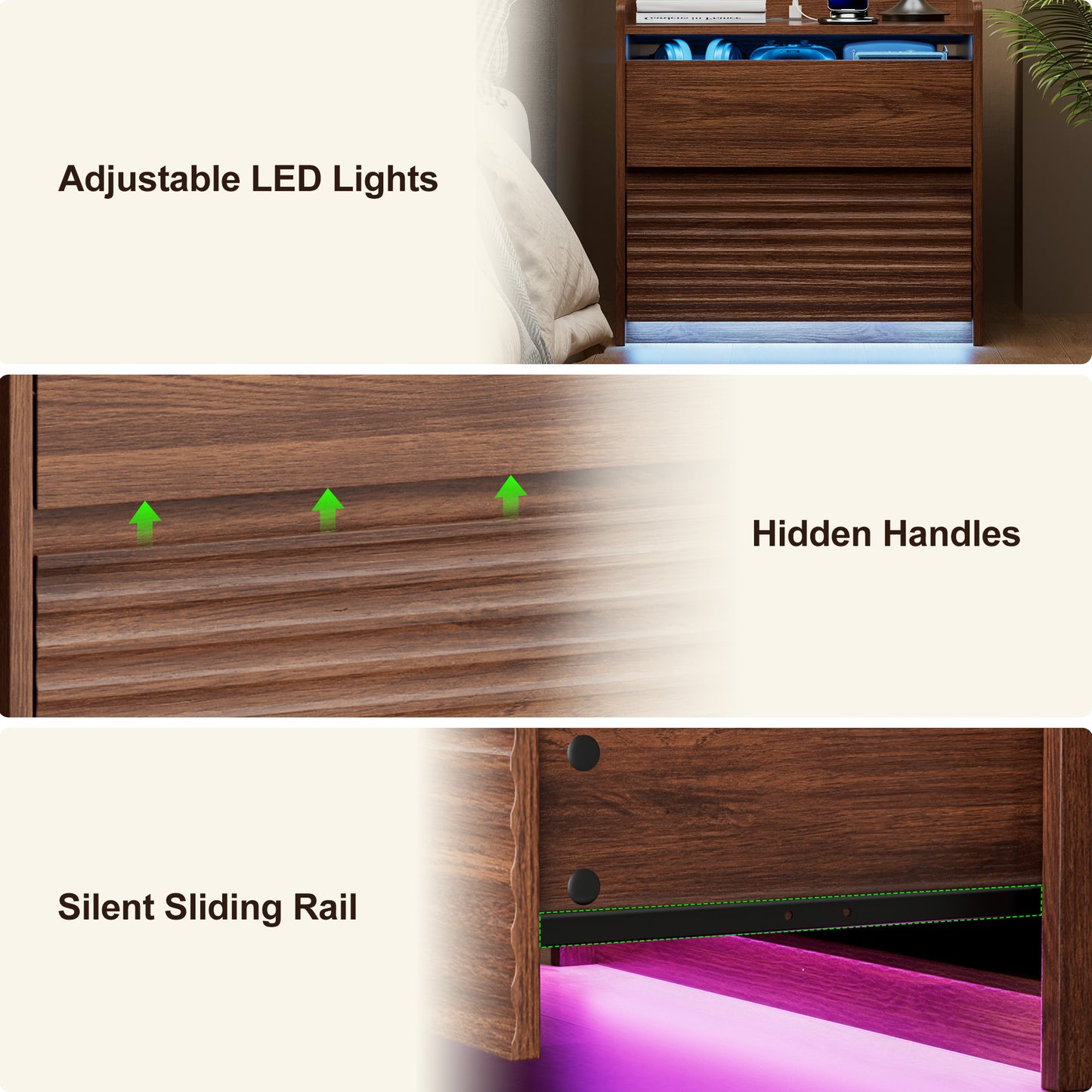 Satifur Nightstand with Charging Station and Smart LED Lights, Modern Fluted Bedside Table with 2 Drawers, End Table for Bedroom and Living Room, American Walnut