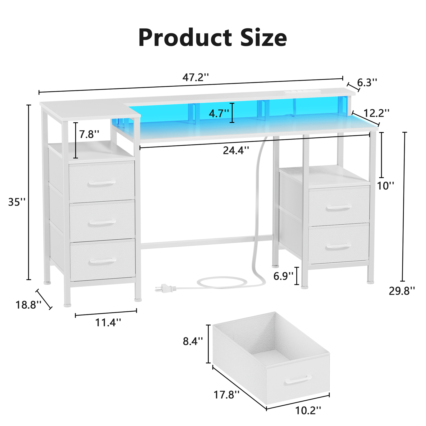 Satifur Gaming Desk with LED Lights & Power Outlets, 47" Computer Desk with 5 Fabric Drawers & Open Storage, Reversible Home Office Desk,White
