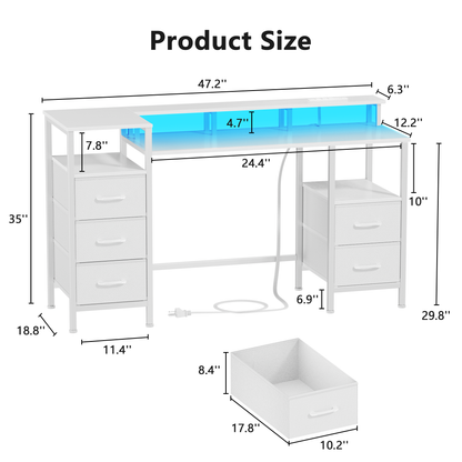 Satifur Gaming Desk with LED Lights & Power Outlets, 47" Computer Desk with 5 Fabric Drawers & Open Storage, Reversible Home Office Desk,White
