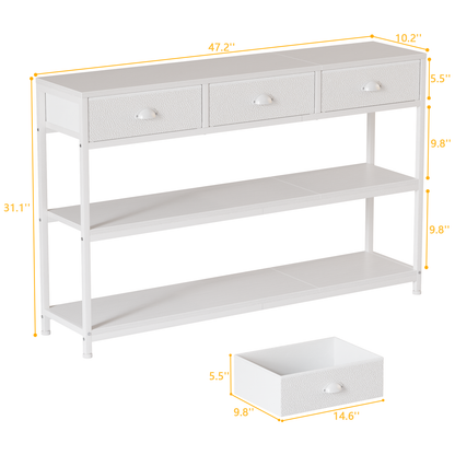 Satifur 47" Entryway Table with 4 Fabric Drawers, Console Table Metal Frame Sofa Table with 2 Shelves for Living Room and Hallway, White