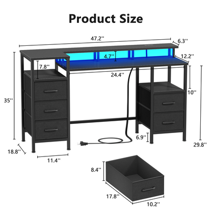Satifur Gaming Desk with LED Lights & Power Outlets, 47" Computer Desk with 5 Fabric Drawers & Open Storage, Reversible Home Office Desk,Carbon Fiber Black