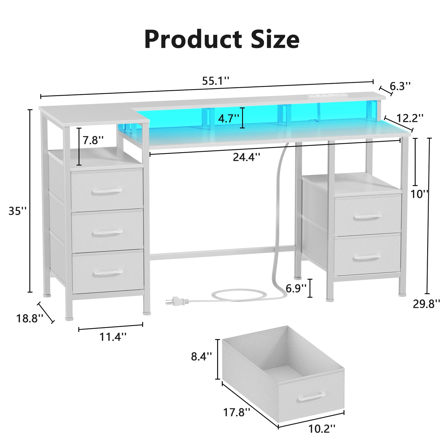 Satifur Gaming Desk with LED Lights & Power Outlets, 55" Computer Desk with 5 Fabric Drawers & Open Storage, Reversible Home Office Desk,White