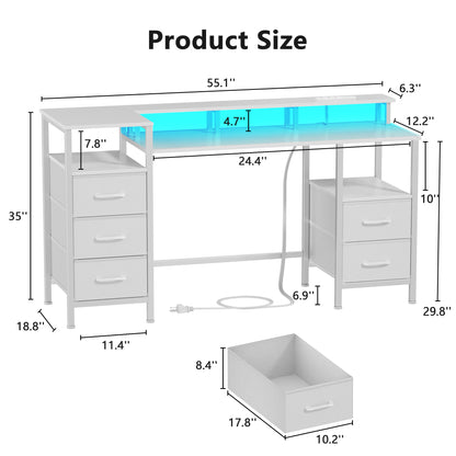 Satifur Gaming Desk with LED Lights & Power Outlets, 55" Computer Desk with 5 Fabric Drawers & Open Storage, Reversible Home Office Desk,White