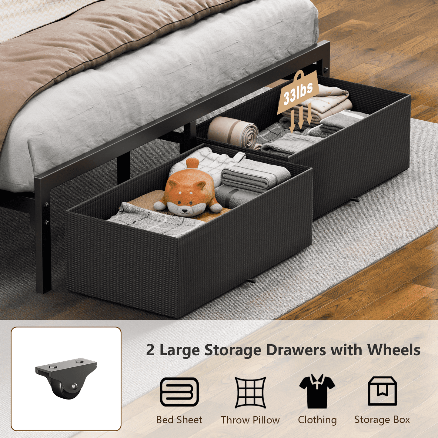 Tydimor Queen Bed Frame with 2 Drawers & Storage Headboard, Platform Metal Bed with Charging Station, No Box Spring Needed
