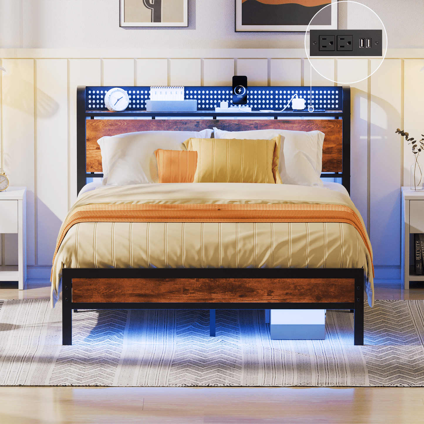 Hexmn Full RGB LED Strip Platforrm Bed Frames with Headboard Metal, Storage Shelves & Underbed, Niose Free, No Box Spring Needed