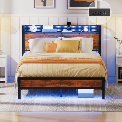Hexmn Full RGB LED Strip Platforrm Bed Frames with Headboard Metal, Storage Shelves & Underbed, Niose Free, No Box Spring Needed