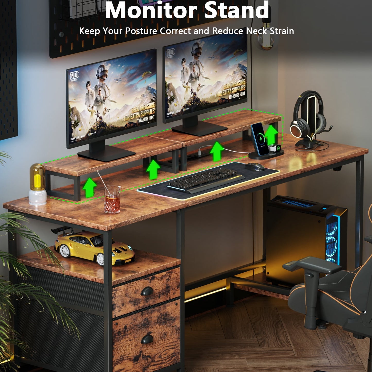 Satifur Office Desk with Drawers and Charging Station, Gaming Desk with Movable Monitor Stands, Corner Desk with Storage Shelves and File Cabinet, Rustic Brown