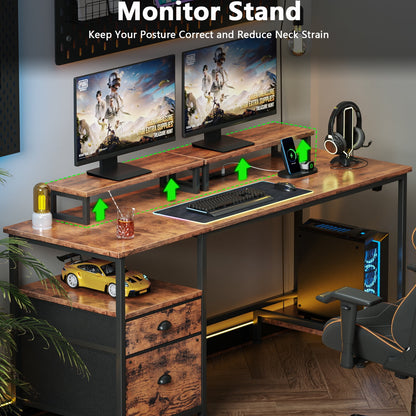Satifur Office Desk with Drawers and Charging Station, Gaming Desk with Movable Monitor Stands, Corner Desk with Storage Shelves and File Cabinet, Rustic Brown