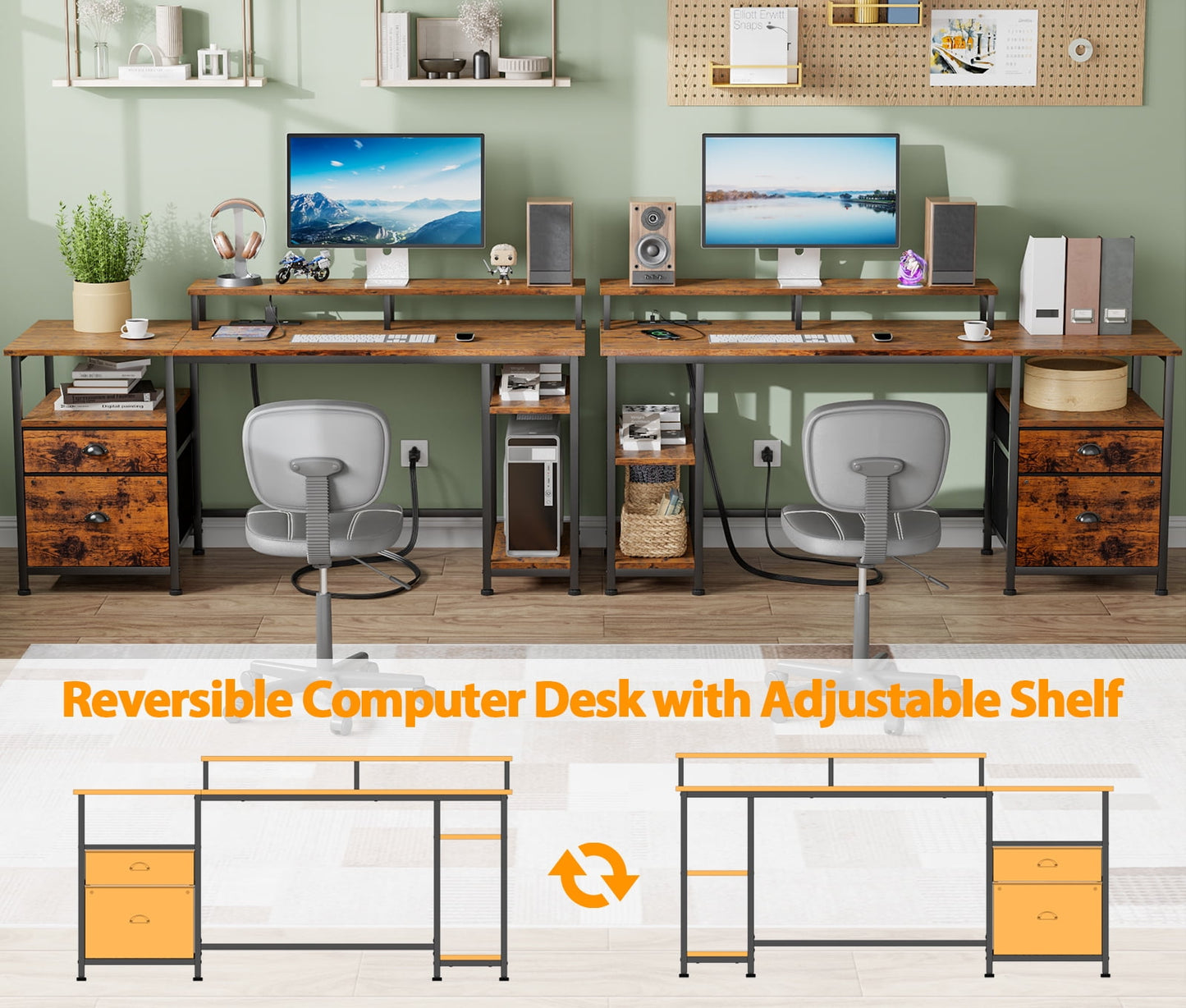 Furologee Computer Desk with Outlet & USB Ports, Gaming Desk with LED, Reversible Desk with File Cabinet & Drawer, Large Desk Writing Table with Monitor Stand for Home Office, Rustic Brown