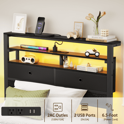 Tydimor Twin Size Bed Frame with 2 Storage Drawers Headboard, LED & Charging Station, Black oack