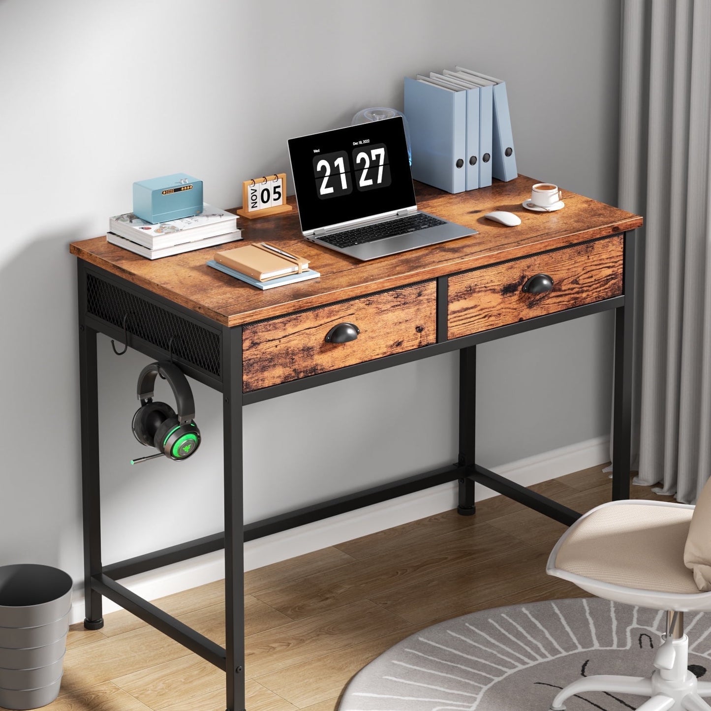 Hexmn Gaming Desk with Fabric Drawers & Hooks for Bedroom Home Office,Rustic Brown