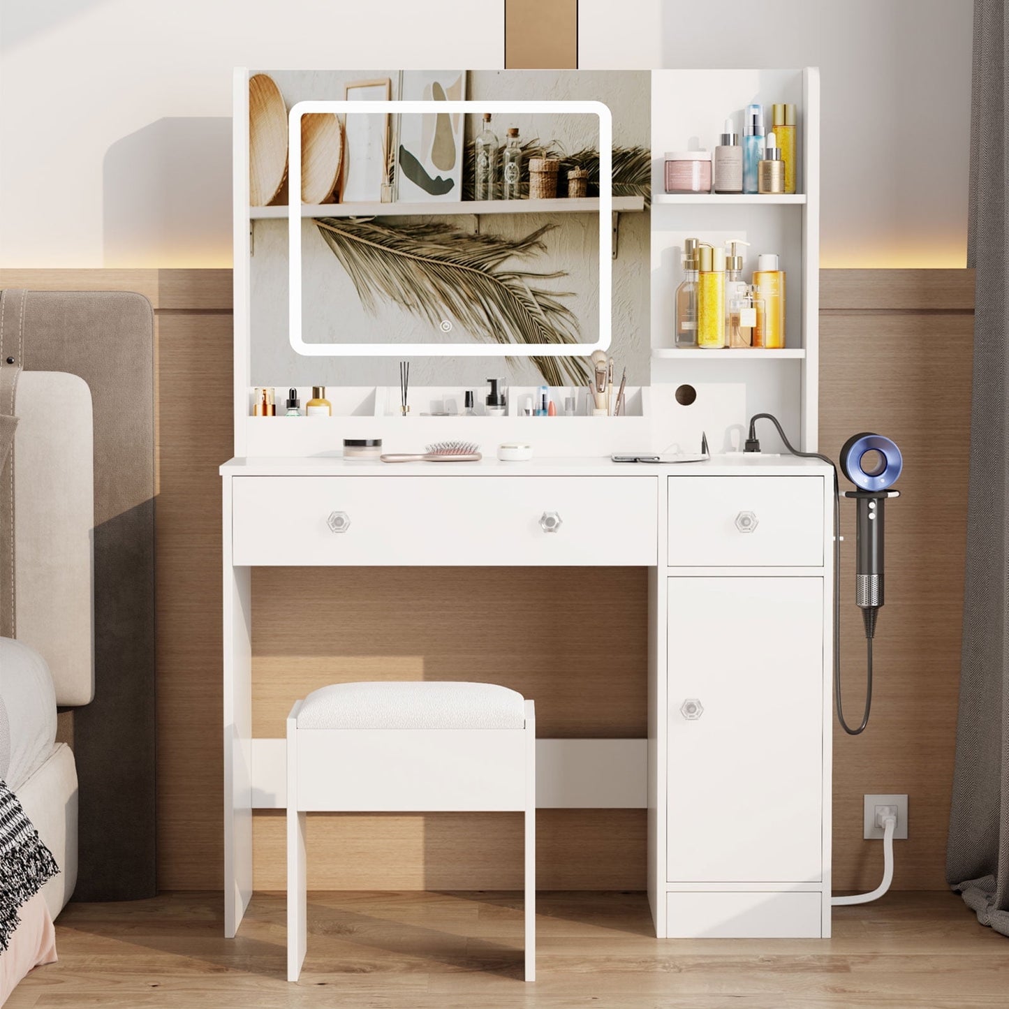 Hexmn square mirror Vanity Set with charging station, LED dressing tables with stools, drawers storage cabinet