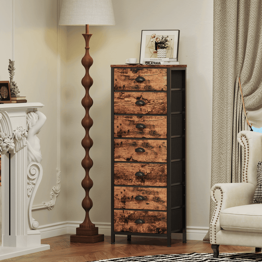 Tydimor 7-Drawer Tall Dresser Bedside Fabric Nightstand with Storage,Rustic Brown