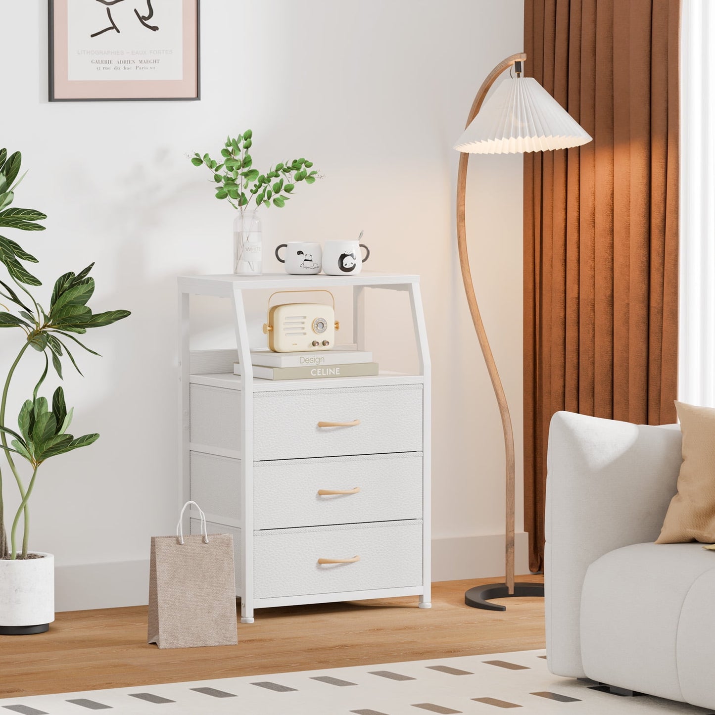 Satifur Nightstand,Vertical Dresser with Fabric Chest of Drawers & Storage for Bedroom,Living Room,White