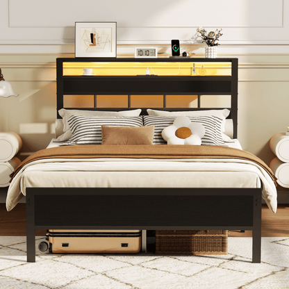 Tydimor Upholstered Underbed Storage Bed Frames with Charging Station£¬LED Queen Size Bed Frame with Storage Shelves, Niose Free