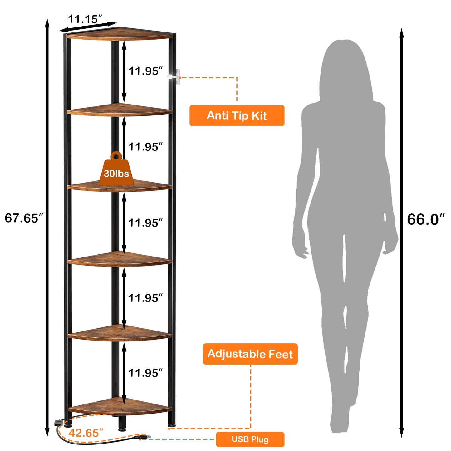 Satifur Corner Shelf Bookcase with LED Light Strip, 6-Tier Corner Bookshelf for Living Room,Bedroom,Kitchen,Rustic Brown