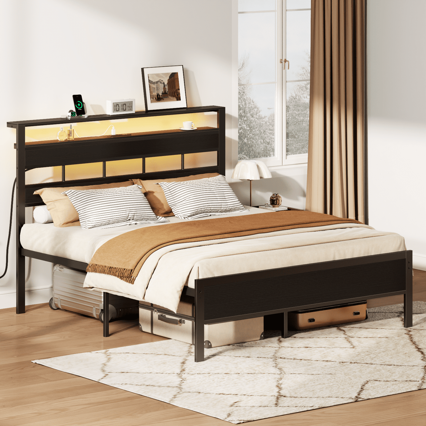 Tydimor LED Lighting Bed Frames Queen with Headboard Storage Shelves, USB Ports Queen Size Platform Bed Frame Steel Slats Support