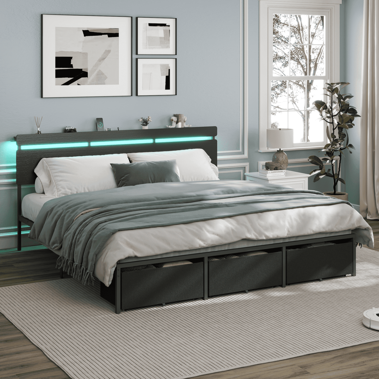 Tydimor King Size Bed Frame with 3 Drawers & LED Lights & Charging Station, Beds with Headboard & 10.10" Under Bed Storage, No Box Spring Needed, Easy Assembly, Black