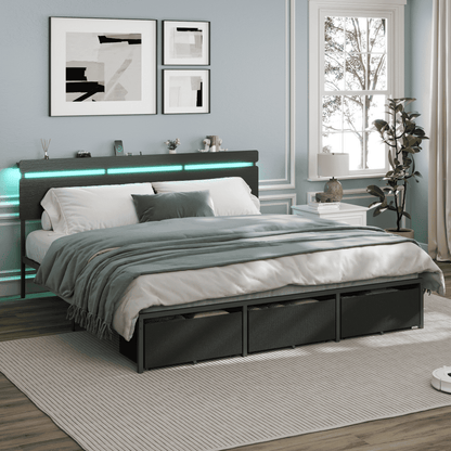 Tydimor King Size Bed Frame with 3 Drawers & LED Lights & Charging Station, Beds with Headboard & 10.10" Under Bed Storage, No Box Spring Needed, Easy Assembly, Black