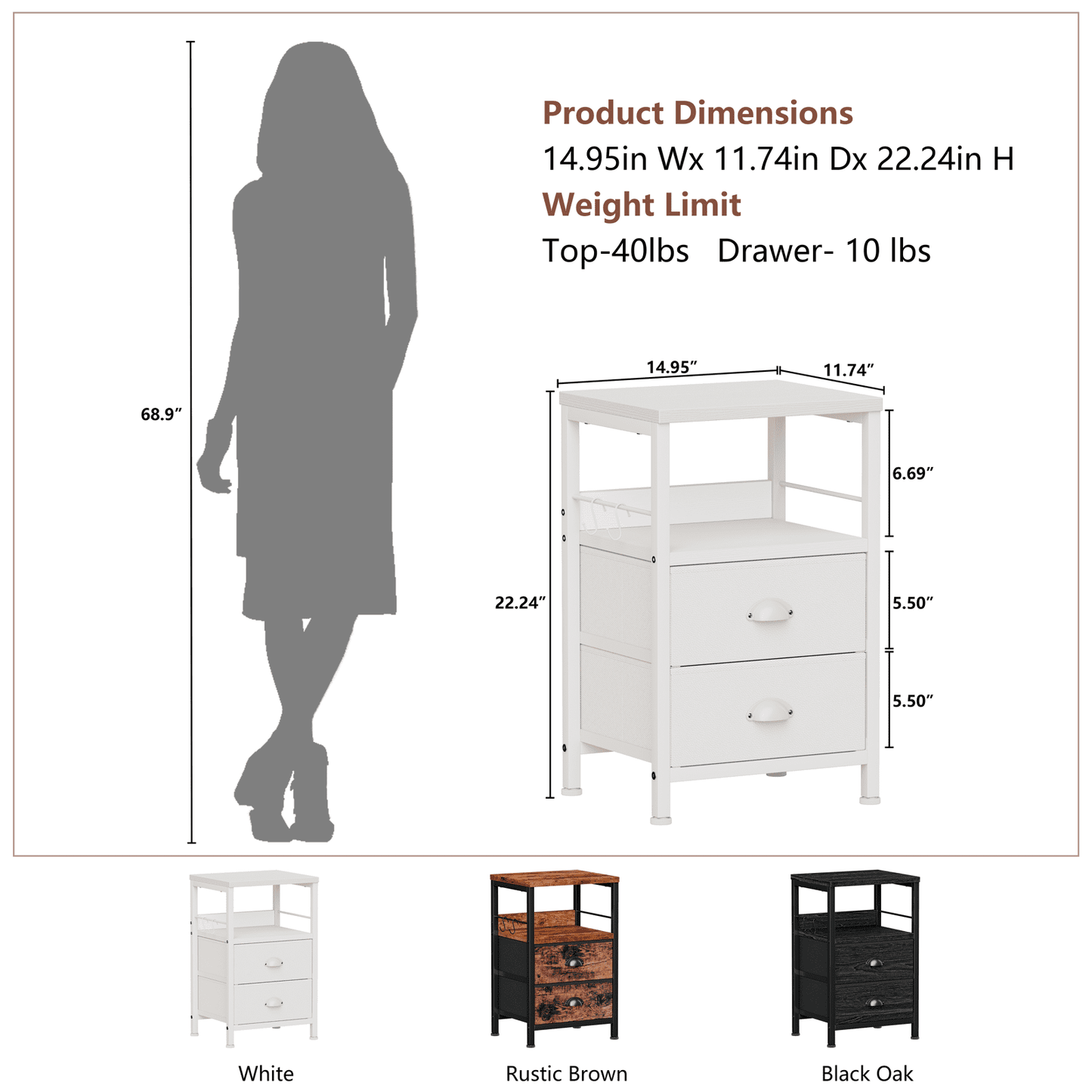 Satifur Nightstand with Drawers & Shelf Bedside End Table for Bedroom,White
