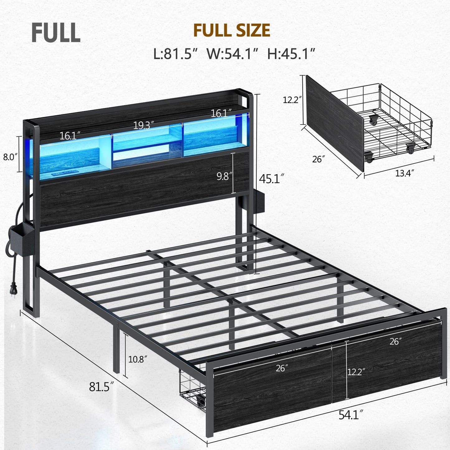 Hexmn Electric Bed Frame Full No Box Spring Needed with Charging Station & Storage Drawers, Black Oak