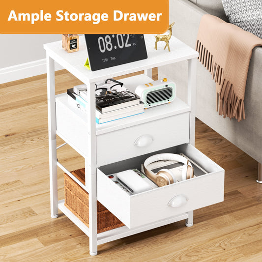 Satifur Side Table with Light, Charging Station, White Nighstand for Bedroom, Living Room