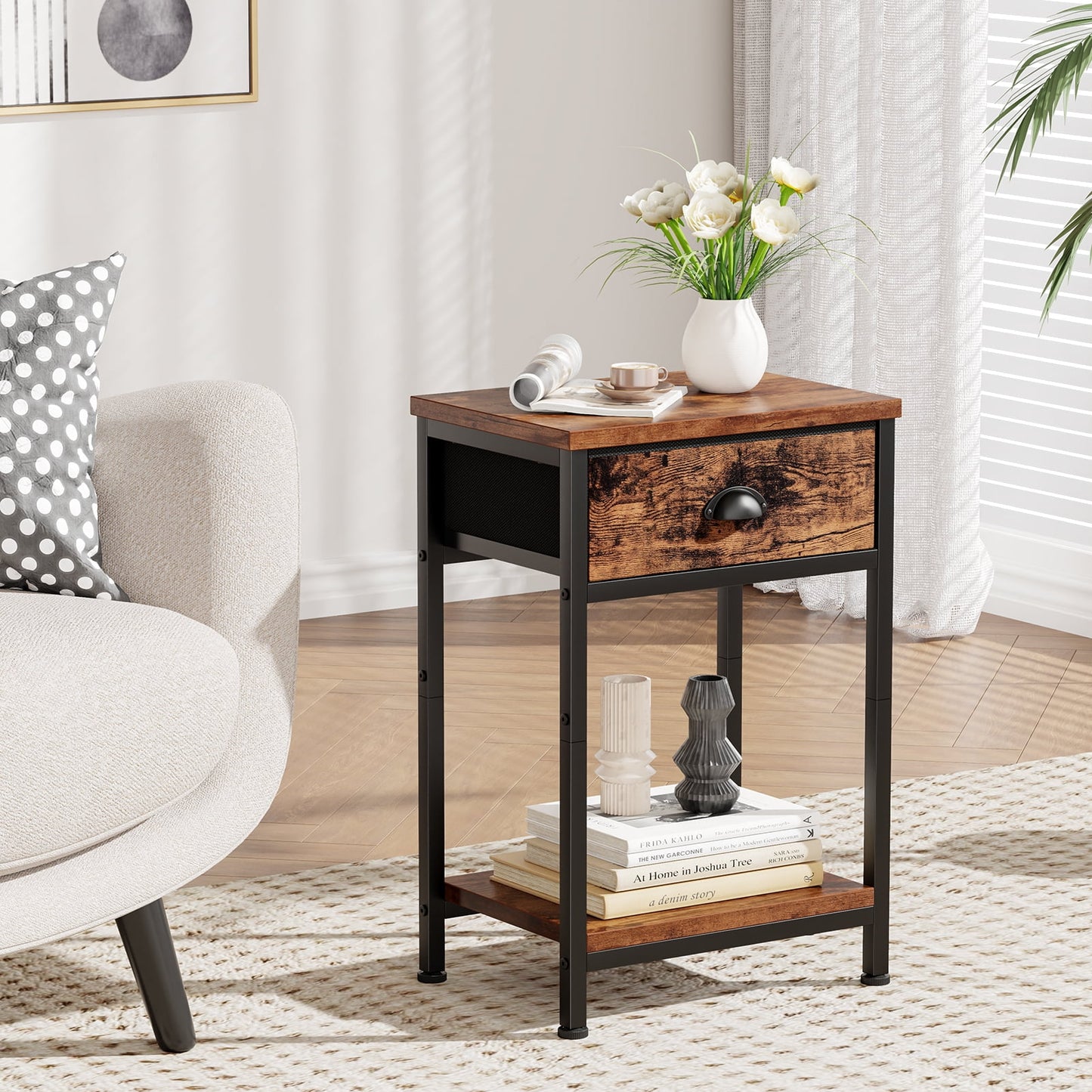 Satifur Set of 2 Nightstand for Bedroom,3-Tier End Table with Drawer,Rustic Brown