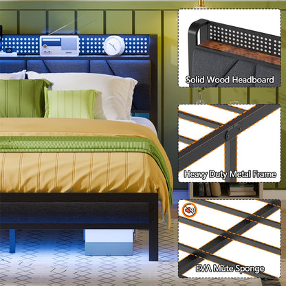 Hexmn Full Size Metal Smart Bed Frame with Upholstered Headboard, LED Lights, USB Ports and Outlets, Storage Shelves & Underbed