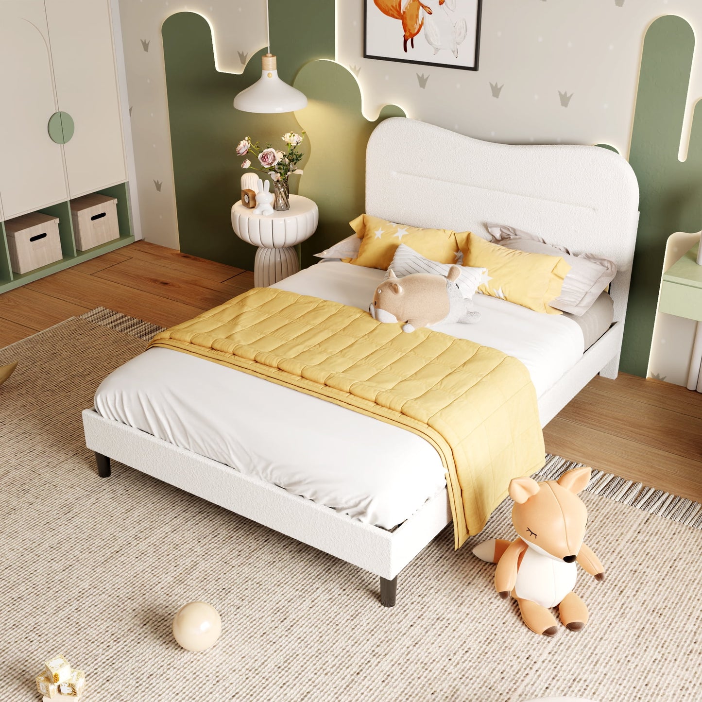 Satifur Full Bed Frame with Teddy Velvet Soft Curved Headboard, Platform Bed with Wooden Slats Support, Easy Assembly, Noise-Free, White