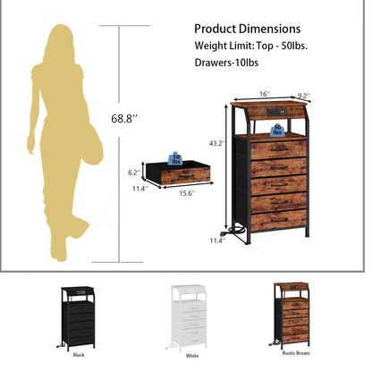 Satifur Nightstand with Charging Station, Bedside Dresser with 5 Fabric Drawers and Storage Shelves for Bedroom, Rustic Brown