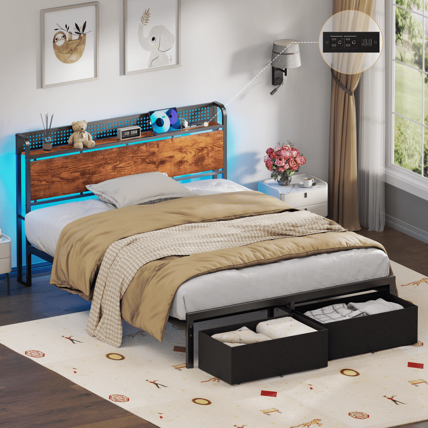 Satifur Farmhouse Queen Bed Frame with 2 Storage Drawers and Headboard, No Box Spring Needed