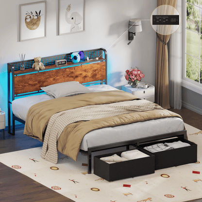 Satifur Farmhouse Queen Bed Frame with 2 Storage Drawers and Headboard, No Box Spring Needed