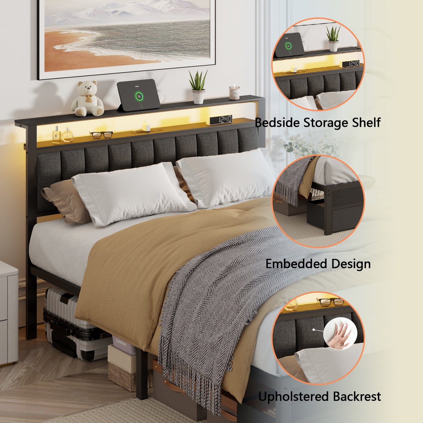 Hexmn Queen Bed Frame with Upholstered Storage Headboard & 2 Drawers, Platform Metal Bed with 2 USB Ports and Outlets, Under-bed Storage and Noise Free Design