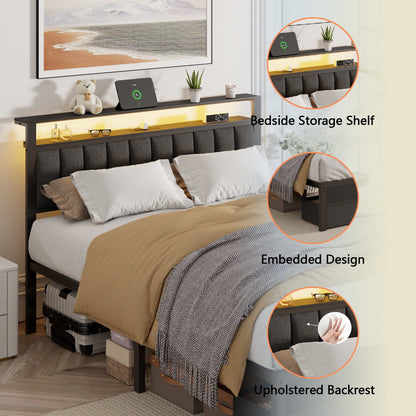 Hexmn Queen Bed Frame with Upholstered Storage Headboard & 2 Drawers, Platform Metal Bed with 2 USB Ports and Outlets, Under-bed Storage and Noise Free Design