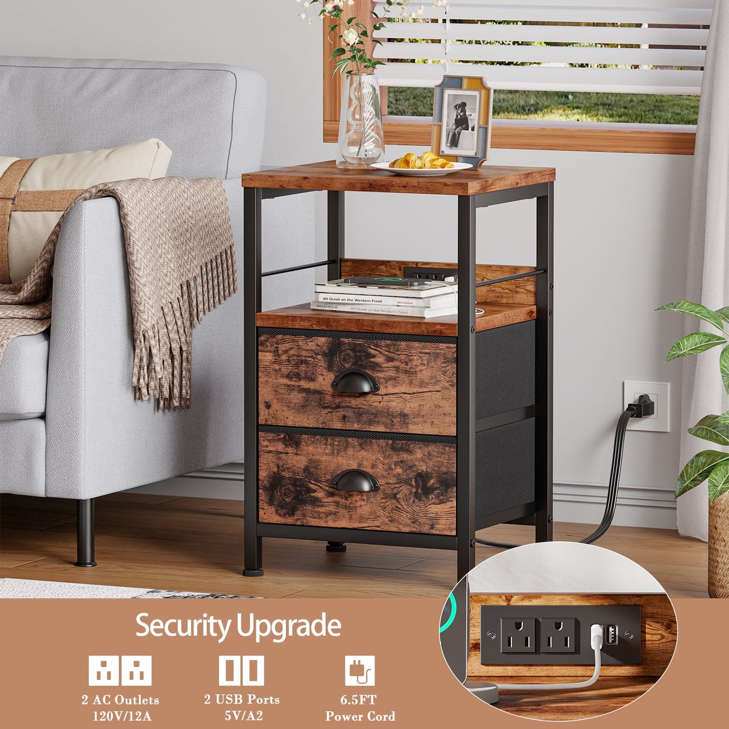 Satifur Nightstand with Charging Station, Bedside End Table with Fabric Drawers,Outlets & USB Ports, Rustic Brown,Set of 2