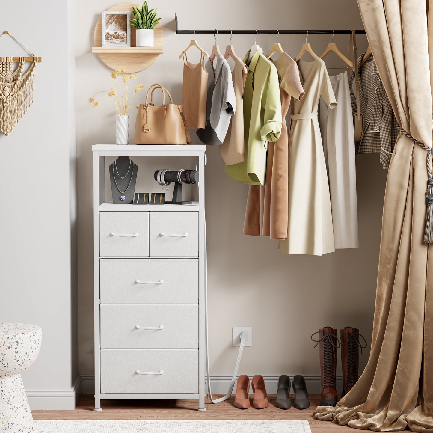 TYDIMOR Small Dresser for Bedroom, 5 Drawer with Charging Station, White, Ideal for Adults