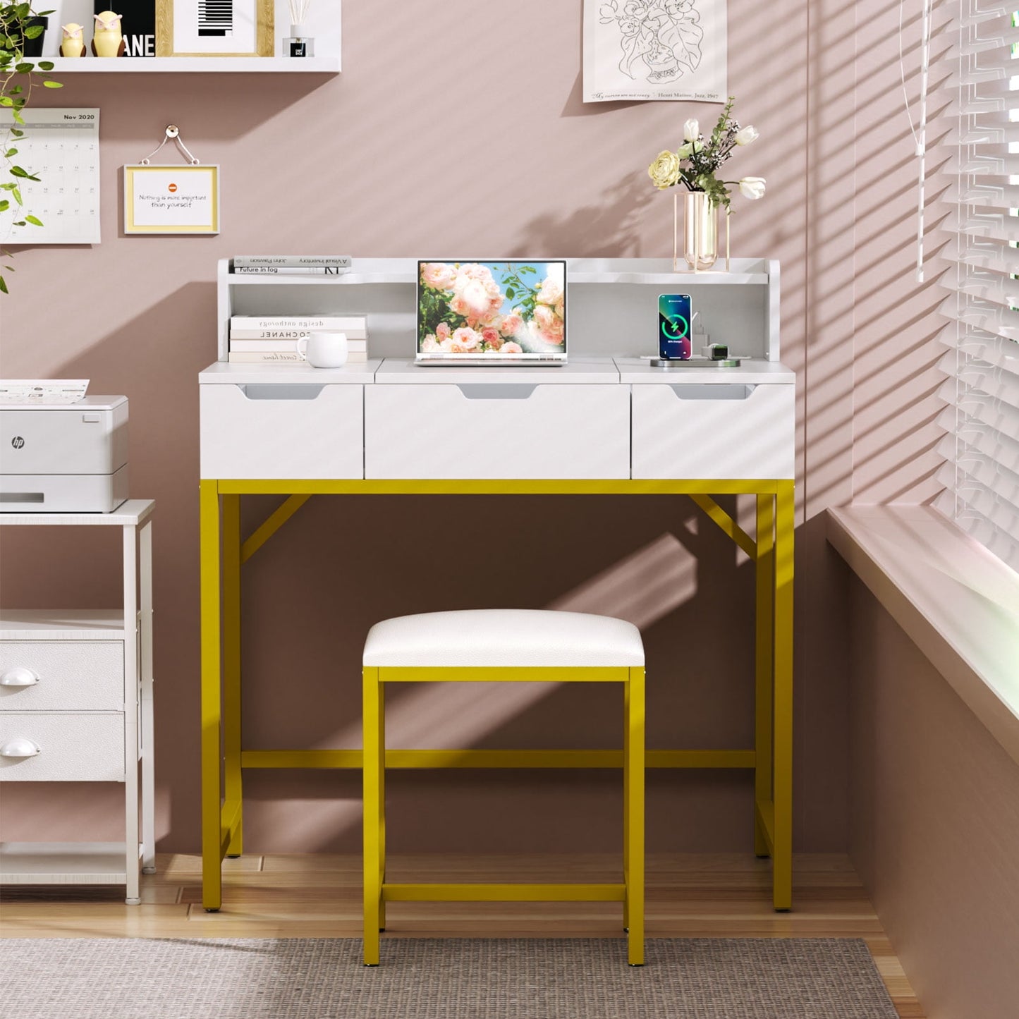 Satifur Flip-top Vanity Set, Women Dressing Table with Outlets, Makeup Vanity Desk with Mirror, Drawers & Stool