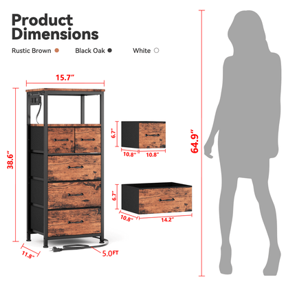 TYDIMOR Small Dresser for Bedroom, 5 Drawer with Charging Station, Brown, Ideal for Adults