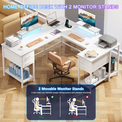 Satifur Computer Desk with Power Outlet & LED Light, Home Office Writting Desk for 2 Person 93" with Drawers & Monitor Stands, White