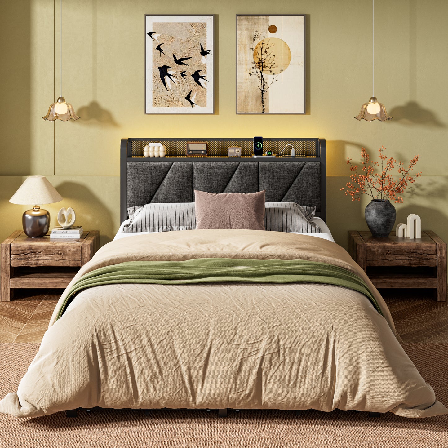 Satifur Full Bed Frame with 2 Storage Drawers and Upholstered Storage Headboard, Metal Platform Bed with Charging Station & LED, Noise-Free, No Box Spring Needed, Dark Grey & Black