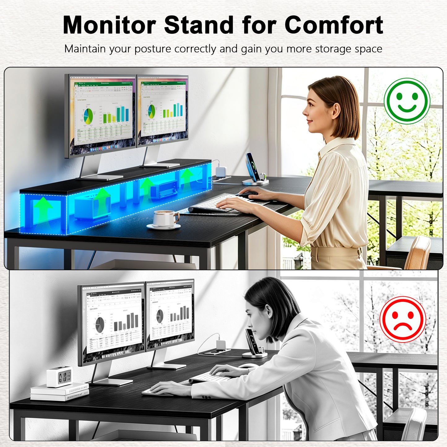 Satifur 57 Inch Reversible L Shaped Computer Desk with LED Lights & Outlets, Office Desk with 3 Drawers & 1 File Cabinet, Black