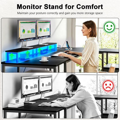 Satifur 57 Inch Reversible L Shaped Computer Desk with LED Lights & Outlets, Office Desk with 3 Drawers & 1 File Cabinet, Black